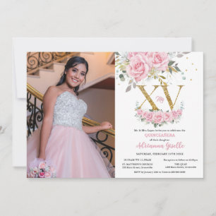 Convite Bebê Rosa Floral Dourado XV Quinceañera Quince Fot
