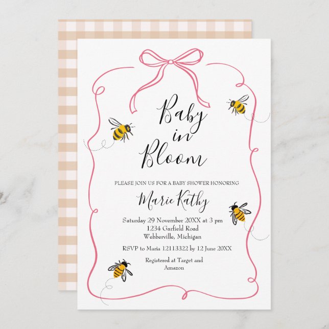 Convite Bebê rosa no Bloom Rustic Bee Daisy Invitation (Frente/Verso)