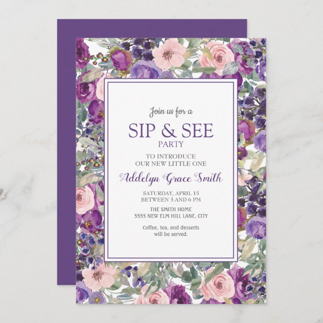 Convite Bebê Rosa Púrpura, Floral Sip Ver Chá (Frente/Verso)