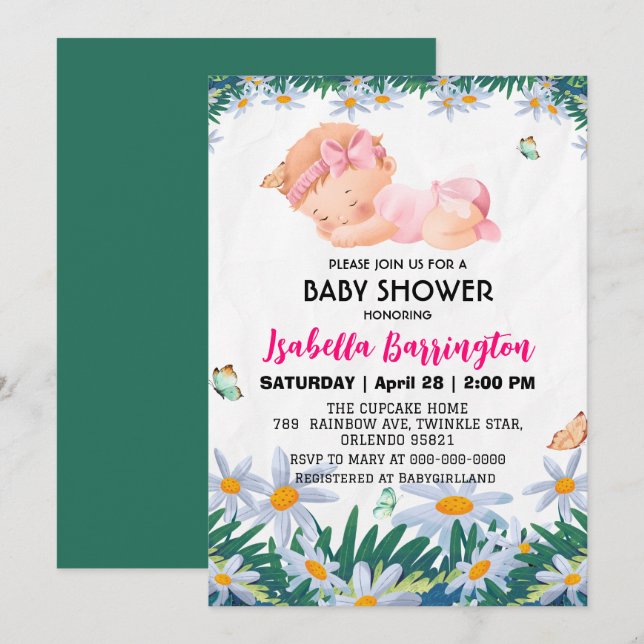 Convite Bebê rosa-rosa Menina Margarida flores chás de fra (Frente/Verso)