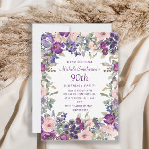 Convite Bebê Rosa Roxo Folhagem Floral 90º Aniversário