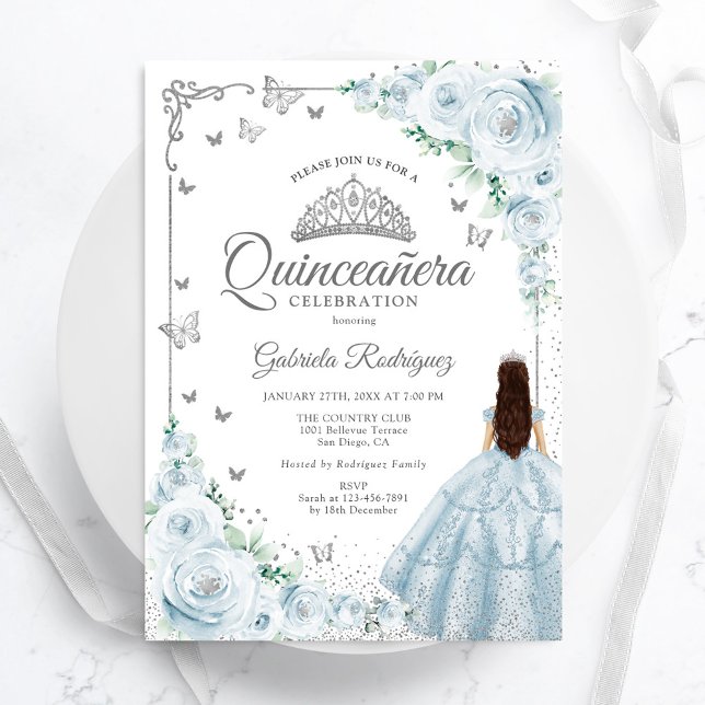 Convite Bebê Rosas de aquarela Silver Quinceanera (Criador carregado)