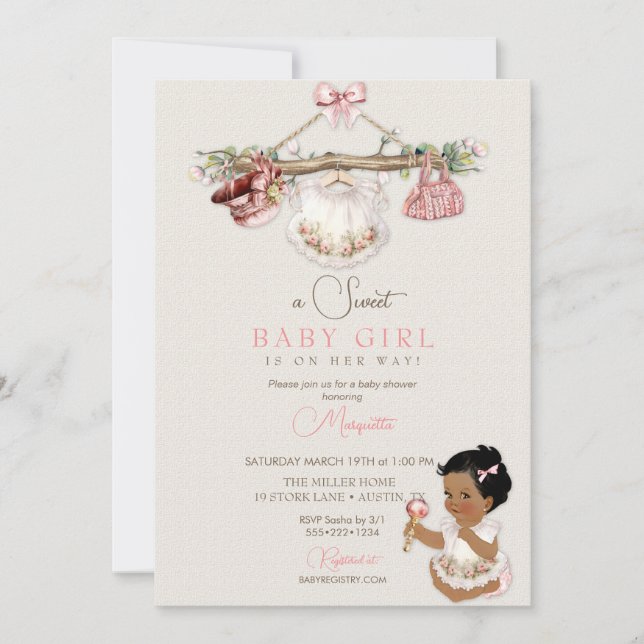 Convite Bebê Roupas Garota Chá de fraldas Marfim Rosa (Frente)