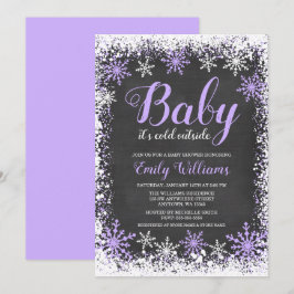 Convite Bebê seu chá de fraldas roxo da menina da neve