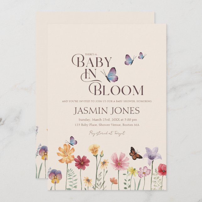 Convite Bebê simples no Chá de fraldas de flor selvagem de (Frente/Verso)