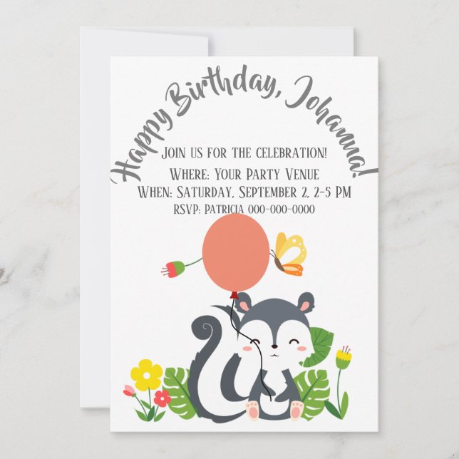 Convite Bebê Skunk, Borboleta e Flores Aniversário (Frente)