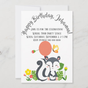 Convite Bebê Skunk, Borboleta e Flores Aniversário