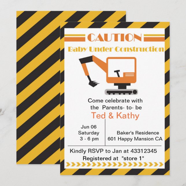 Convite Bebê sob Chá de fraldas de Construção (Frente/Verso)