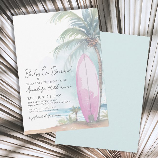 Convite Bebê surfboard de praia no Chá de fraldas de verão (Beach Surfboard Baby On Board Summer Baby Shower Invitation)