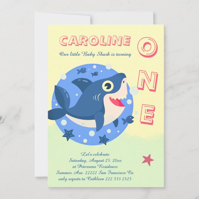 Convite Bebê Tubarão Primeiro aniversário sob o mar amarel (Frente)