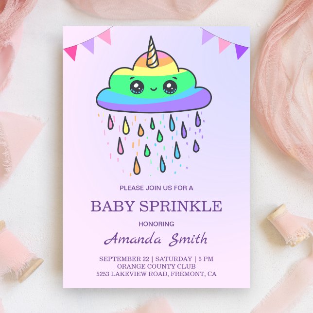 Convite Bebê Unicórnio Nuvem Arco-Íris Kawaii Adorable (Criador carregado)