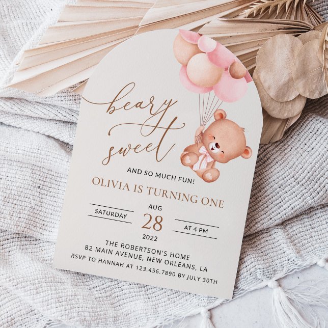 Convite Bebê Urso, Balões Rosa, Primeiro Aniversário (Criador carregado)