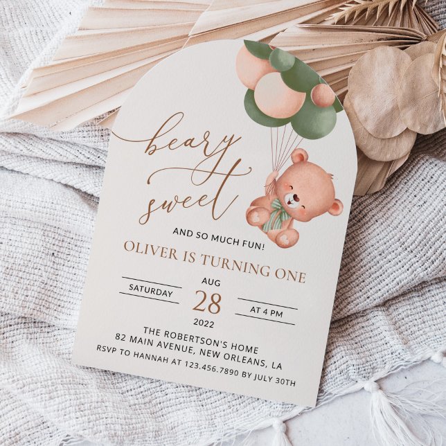 Convite Bebê Urso, Balões Verdes, Primeiro Aniversário (Criador carregado)