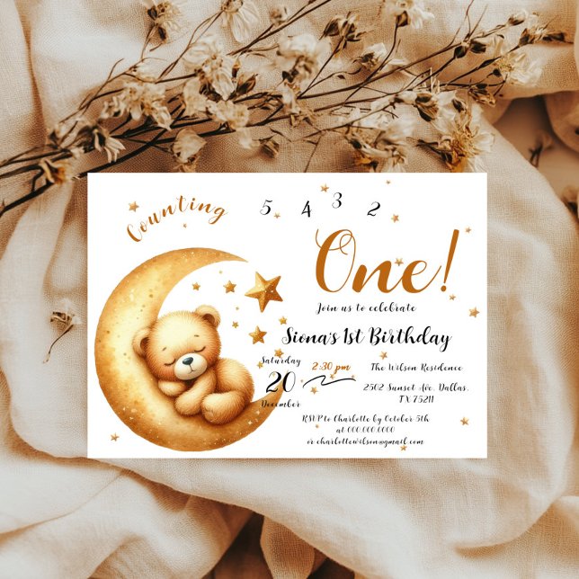 Convite Bebê Urso Fofo Dormindo Na Lua 1º Aniversário (Criador carregado)