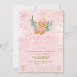 Convite Bebê-Urso Rosa de inverno Frio Lá fora