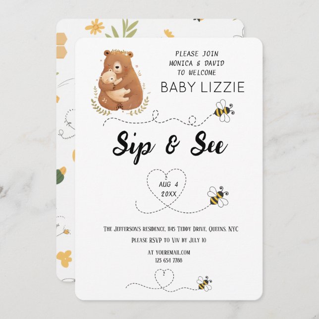 Convite Bebê Urso Sip & Veja Personalizado (Frente/Verso)