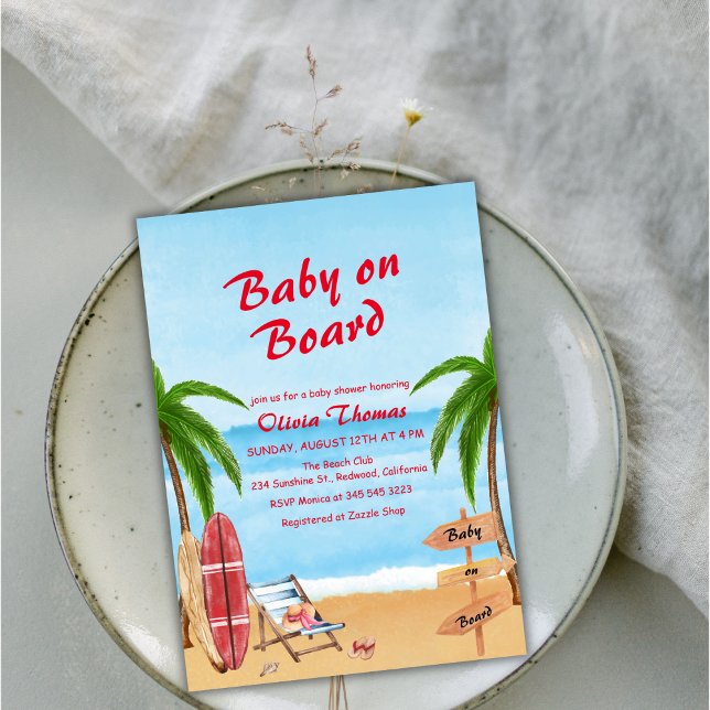 Convite Bebê VIntage a Bordo Chá de Bebê Praia de Surf (VIntage Baby On Board Beach Surfing Baby Shower Invitation)