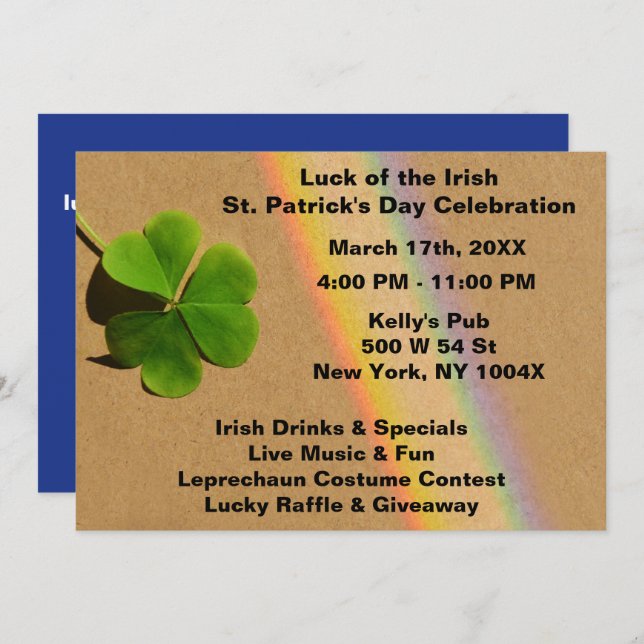 Convite Bebendo do Rainbow Blue & Green Clover irlandês (Frente/Verso)