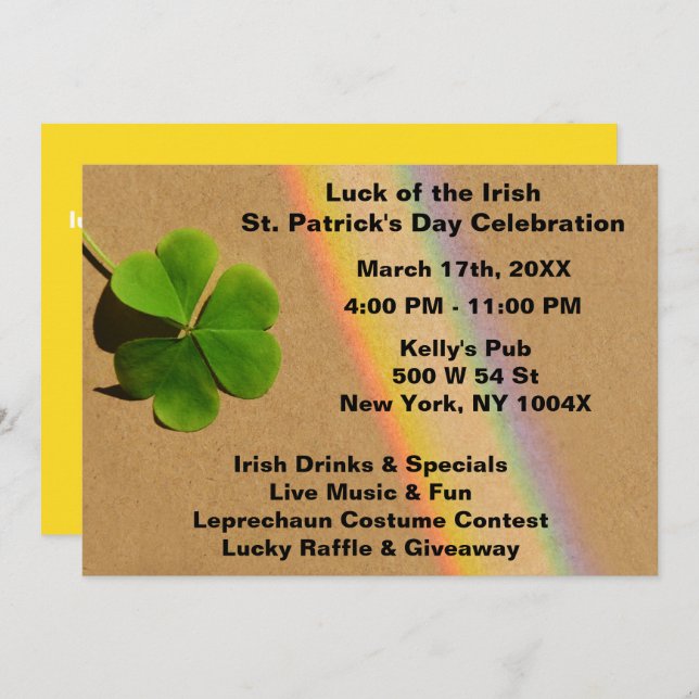 Convite Bebendo do Rainbow Yellow & Green Clover irlandês (Frente/Verso)
