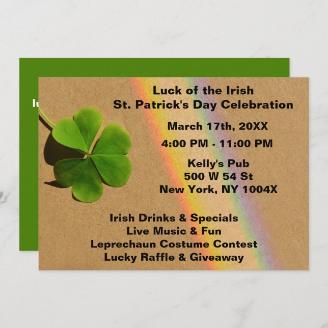 Convite Bebendo Rainbow & Green Clover irlandês (Frente/Verso)