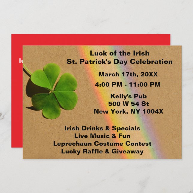 Convite Bebendo Rainbow Red & Green Clover irlandês (Frente/Verso)