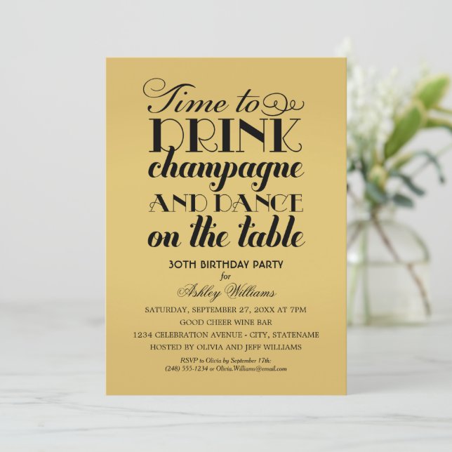 Convite Beber Champanhe Dançar Aniversário Dourado (Em pé/Frente)