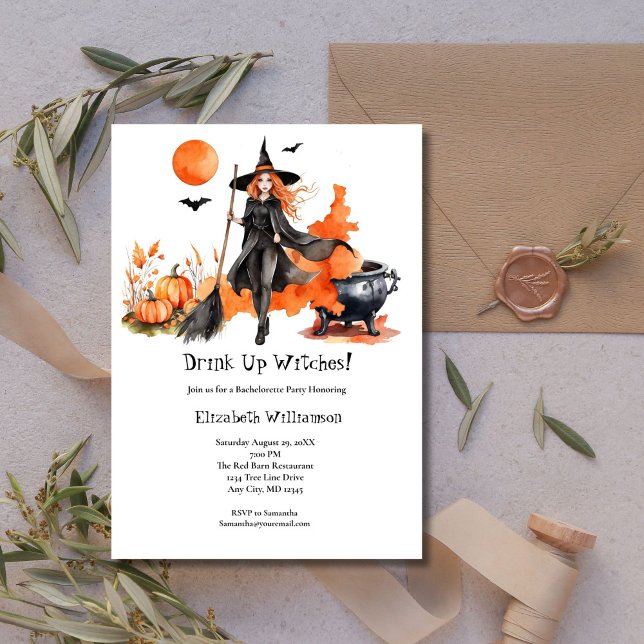 Convite Beber Festa de solteira de Bruxas (Drink Up Witches Black Orange Bachelorette Party Invitation)