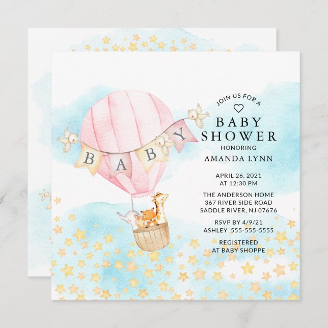 Convite Bebês Animais de Ar Quente Chá de fraldas de Rapar (Frente/Verso)