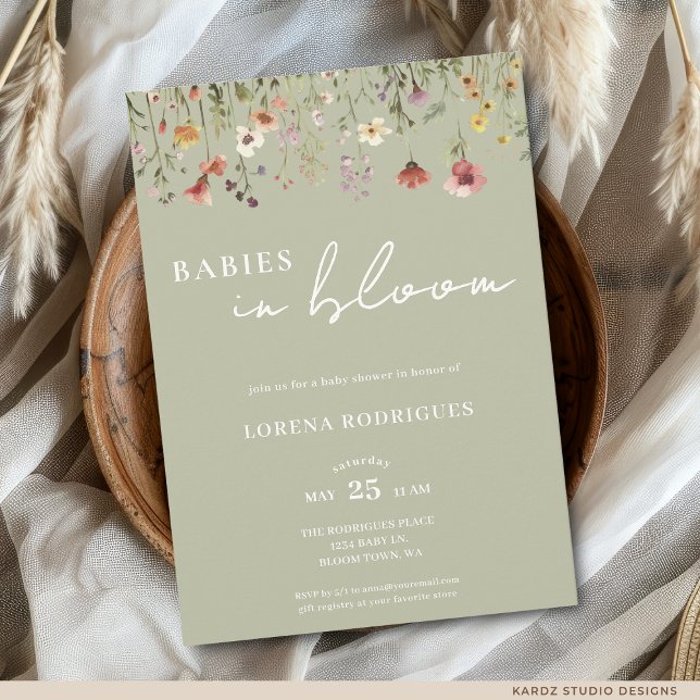 Convite Bebês Flor Silvestre em Flor Chá de Bebê (The front of the invitation is shown in 5x7-inch size.Choose size, paper, and corner style)