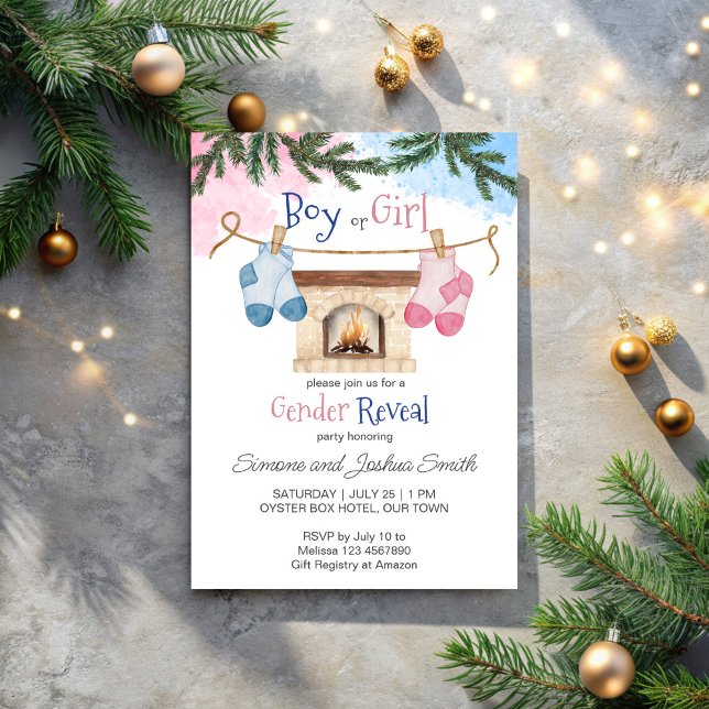 Convite Bebês meias de inverno gêneros de Natal revelam (Baby socks winter Christmas gender reveal pink blue Invitation template)
