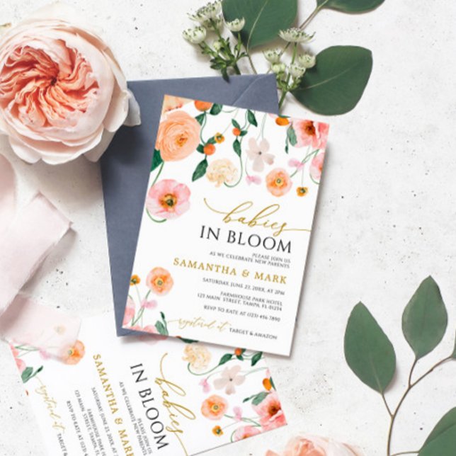 Convite Bebês no Bloom Poppies Flores Chá de fraldas Gêmeo (Criador carregado)