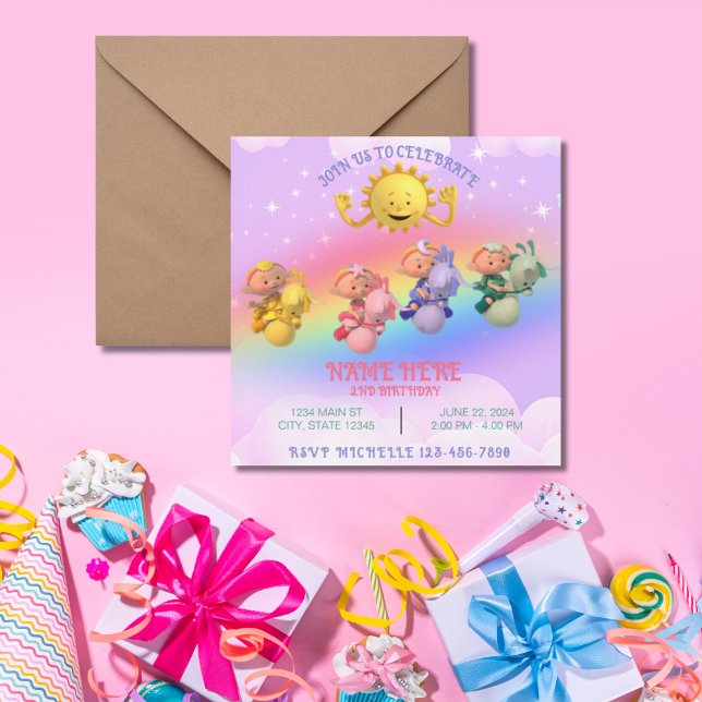 Convite Bebês Nuvem Sol Pastel Arco-íris Aniversário (Criador carregado)