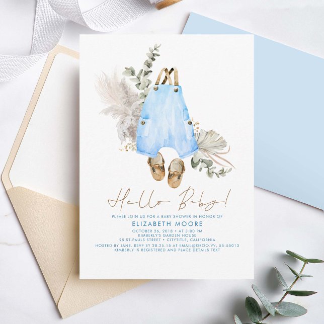 Convite Bebês Roupas Azuis Sage e Garoto Marrom (Blue Green and Beige Cute Baby Boy Baby Shower Invitations)