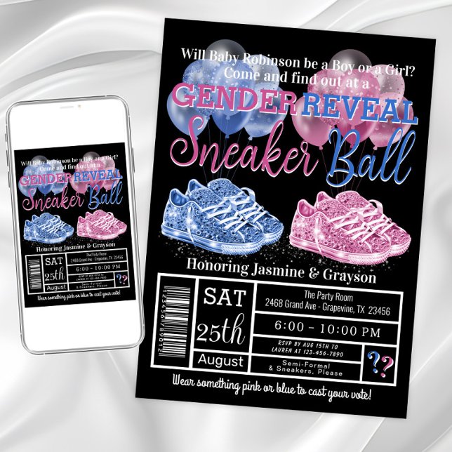 Convite Bebês Sneakers Sneaker Ball Revelação do Gênero (Cute sneaker gender reveal invitation. Instant download and printed invitations available.)