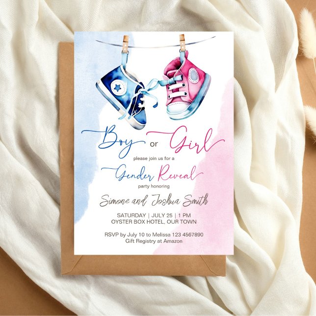 Convite Bebês tênis rapaz ou menina cor-de-rosa azul revel (Baby sneakers boy or girl pink blue gender reveal editable template invitation digital download)