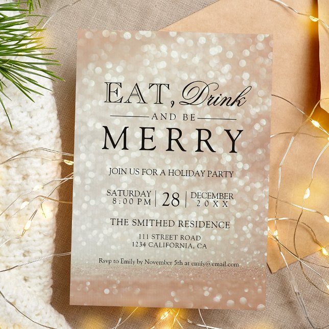 Convite Bebida seja feliz rosa de ouro de Feriado (Eat drink be merry Holiday rose gold glitter bokeh Invitation)