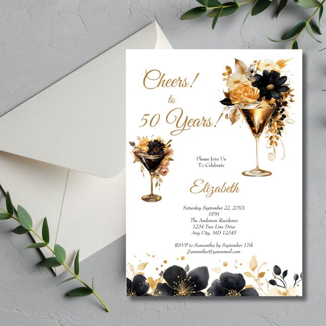Convite Bebidas de Coquetéis Ouro Preto Florais 50º Aniver (Black Gold Watercolor Florals Cocktails 50th Birthday party invitation for her. Digital or Printed)