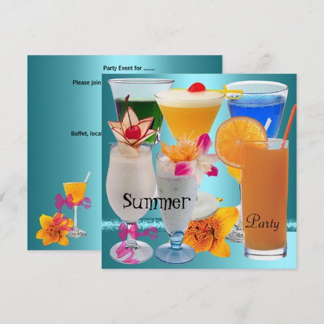 Convite Bebidas de coquetel com coquetel azul tropicais do (Frente/Verso)