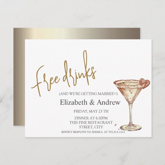 Convite Bebidas Grátis,Copo de Champanhe Chic Coração (Frente/Verso)