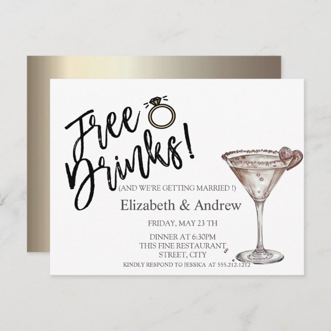 Convite Bebidas Grátis,Coração de Copo de Martini Casament (Frente/Verso)
