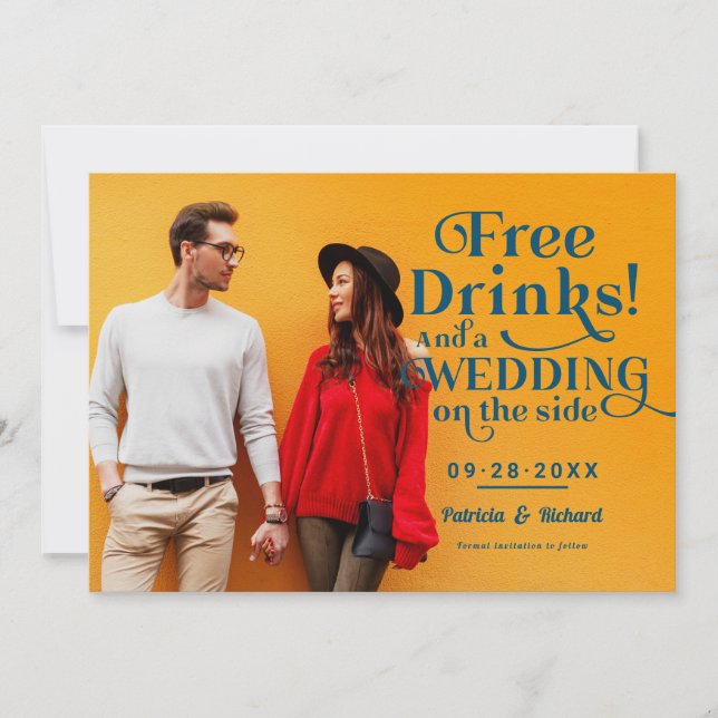 Convite Bebidas Grátis Divertido Casamento Informal Salvar (Frente)