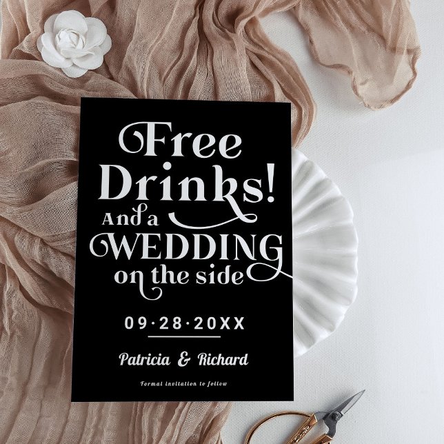 Convite Bebidas Grátis Divertido Casual Casamento Salvar A (Criador carregado)