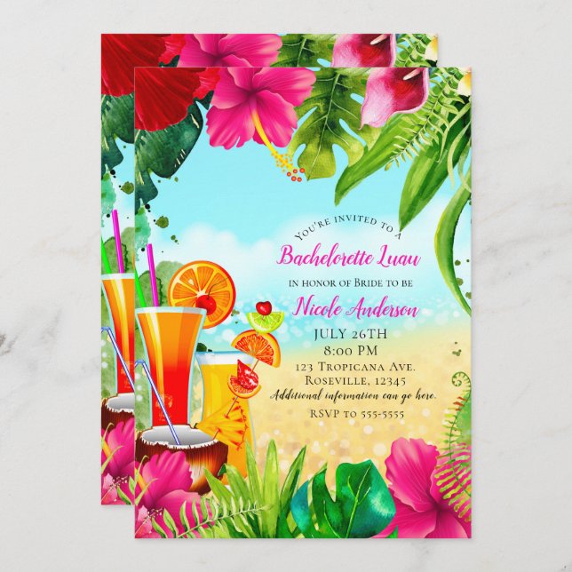 Convite Bebidas Tropicais, Bachelorette Luau (Frente/Verso)