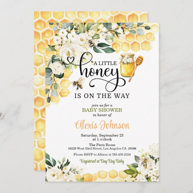 Convite Bee A Little Honey está no Caminho Chá de fraldas (Frente/Verso)