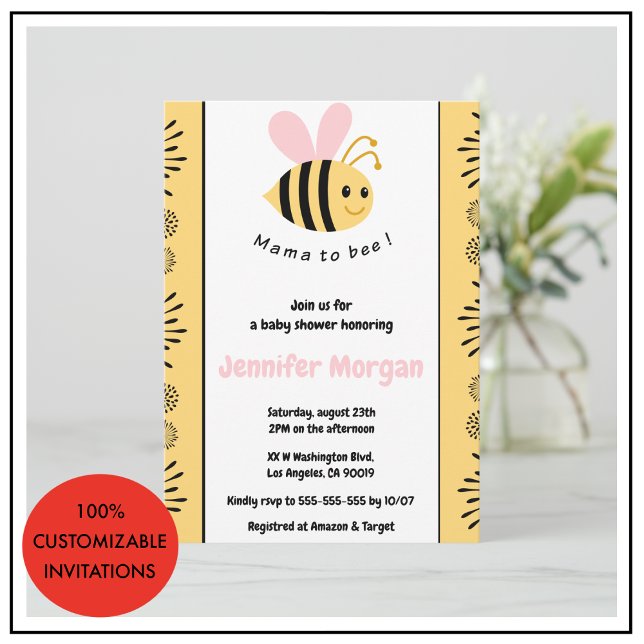 Convite Bee baby chuer convida Mamãe a abelha (Bee-baby-shower-invitations-Mommy-to-bee-Bumblebe-pink)