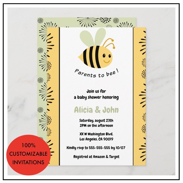 Convite Bee baby shower convida coed bumblebee (Bee baby shower invitations coed bumblebee gender neutral)