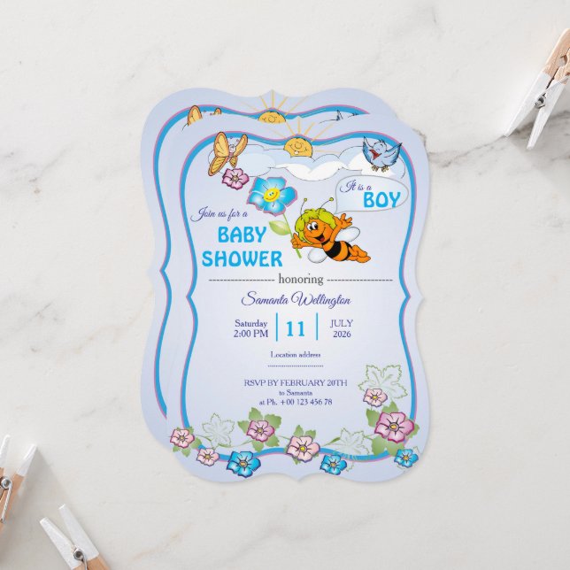 Convite Bee Baby Shower Invitation for boy (Frente/Verso In Situ)