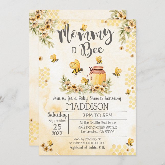 Convite Bee Baby Shower Invitation Mommy to Bee (Frente/Verso)