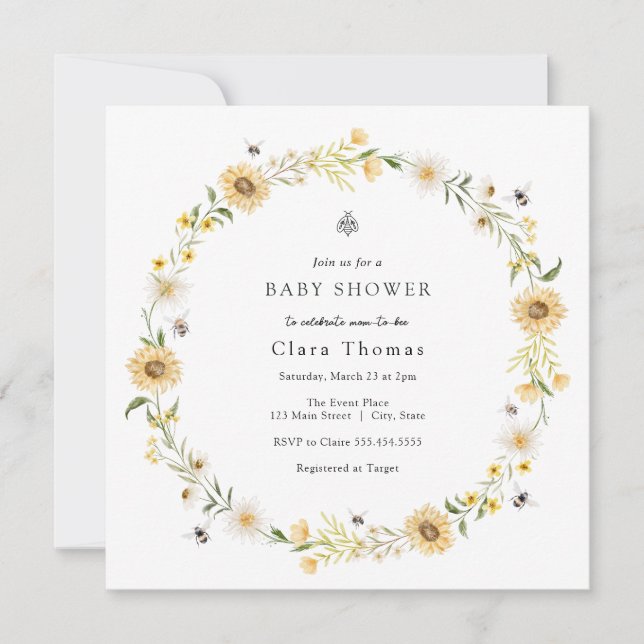 Convite Bee Daisies Chá de panela de Girassóis (Frente)
