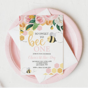 Convite Bee Day Bumblebee primeiro aniversario rosa Flor I